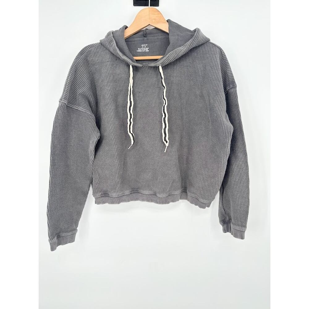 Aerie‎ Womens Shirt New Love Corded Cropped Ribbed Hoodie Sweatshirt Gray Medium
